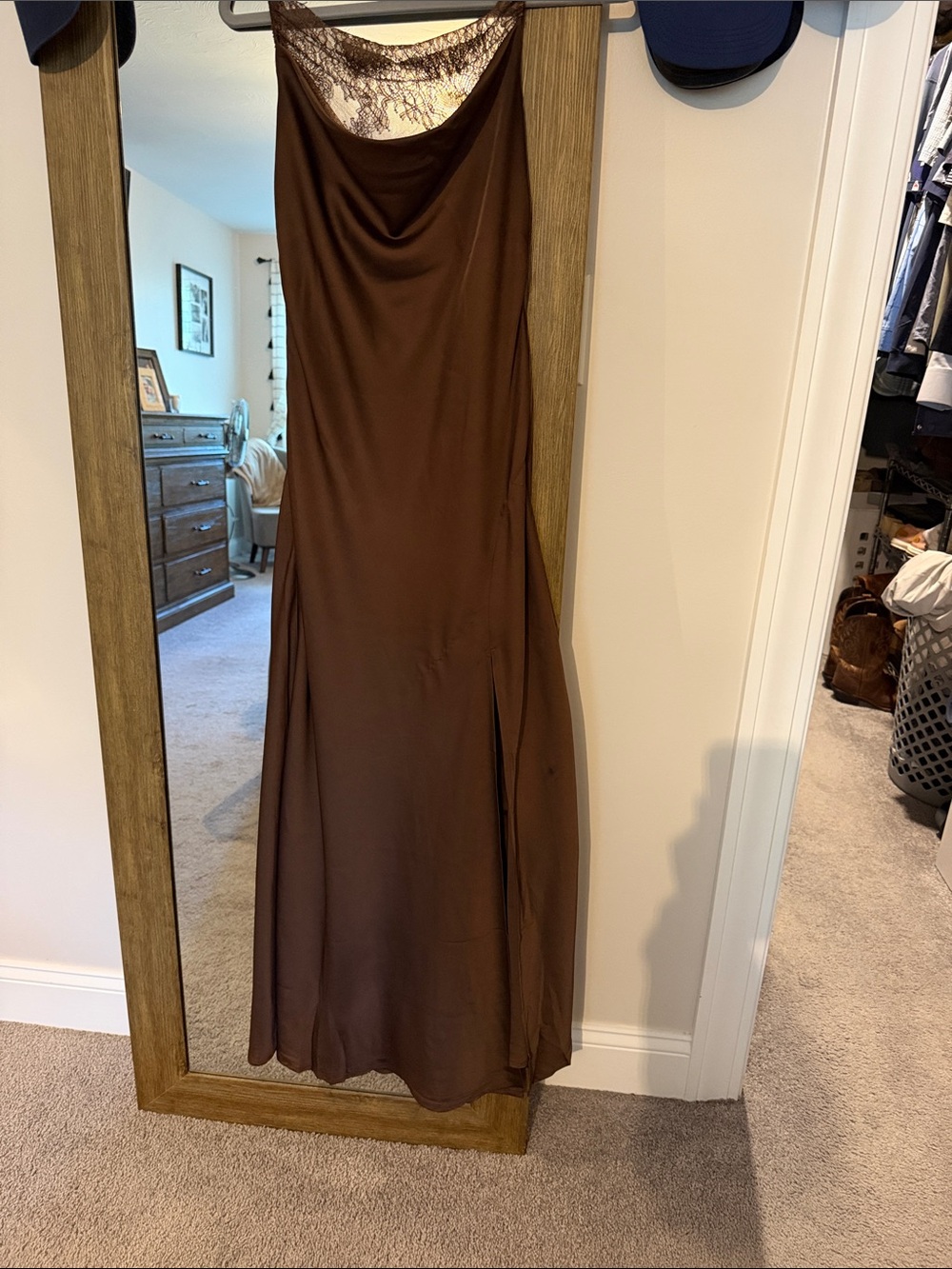 Petal & Pup Evana lace column Brown Satin Maxi Dress with Lace Yoke
